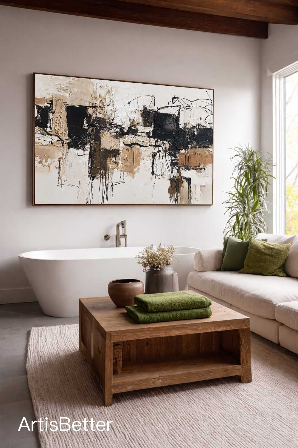 Large Neutral Beige Black Abstract Art Handmade Beige Black Oil Painting Modern Minimalist Wall Art For Living Room