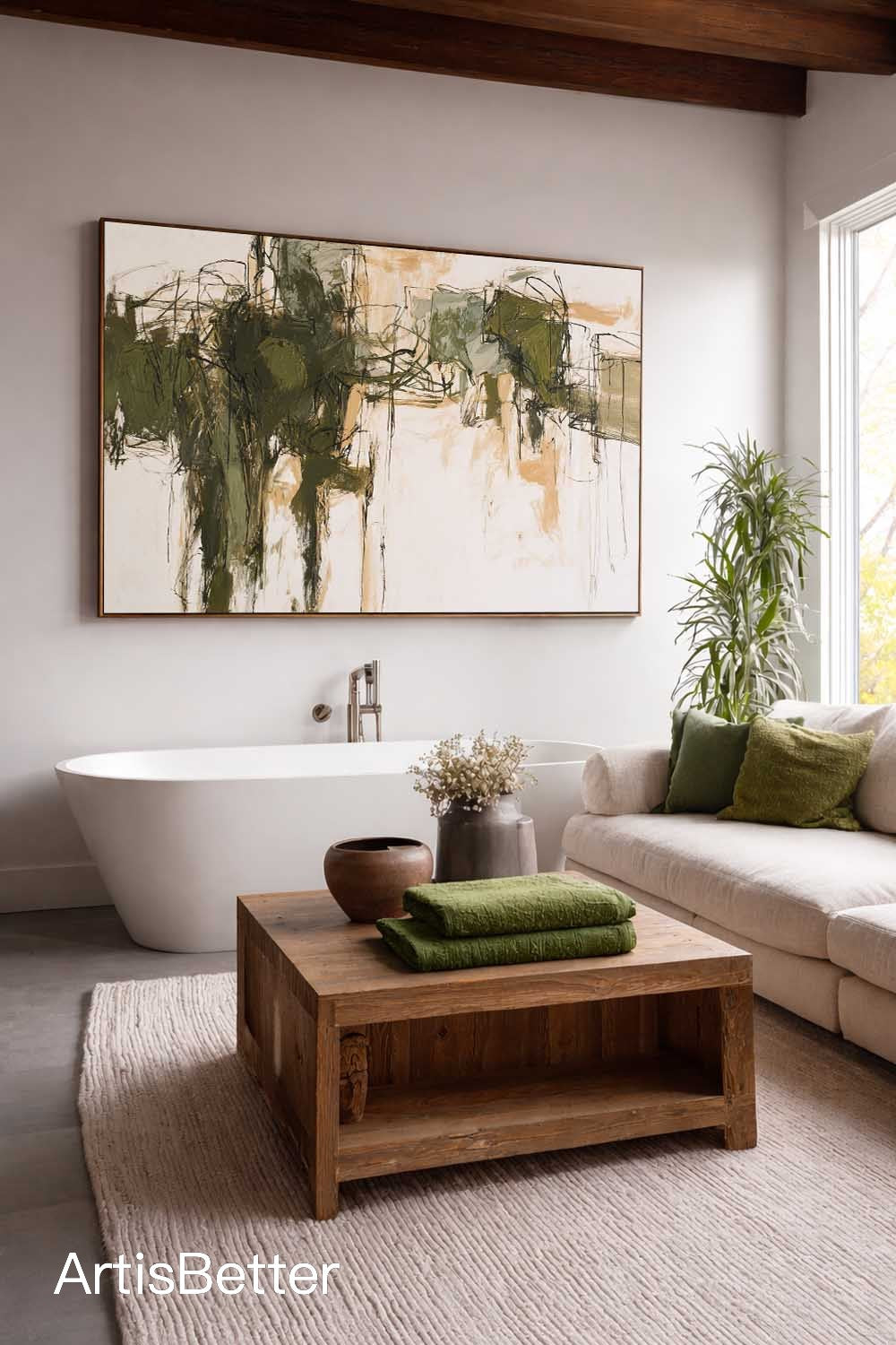 Horizontal Green Abstract Line Art Large Horizontal Green And Beige Abstract Canvas Neutral Green Textured Canvas Art