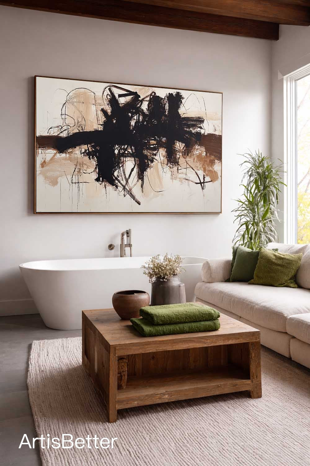 Minimalist Beige And Black Abstract Painting Beige And Black Minimalist Abstract Wall Art Neutral Black Abstract Canvas Art