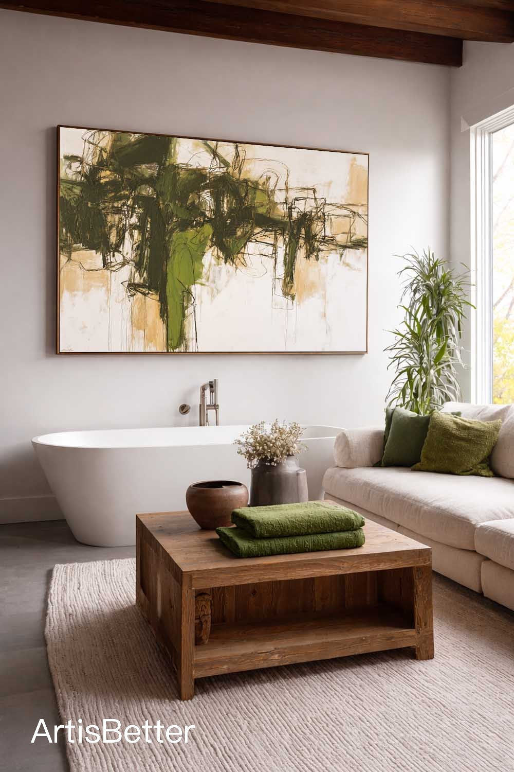 Handmade Horizontal Olive Green Abstract Canvas Art Minimalist Horizontal Green Abstract Oil Painting