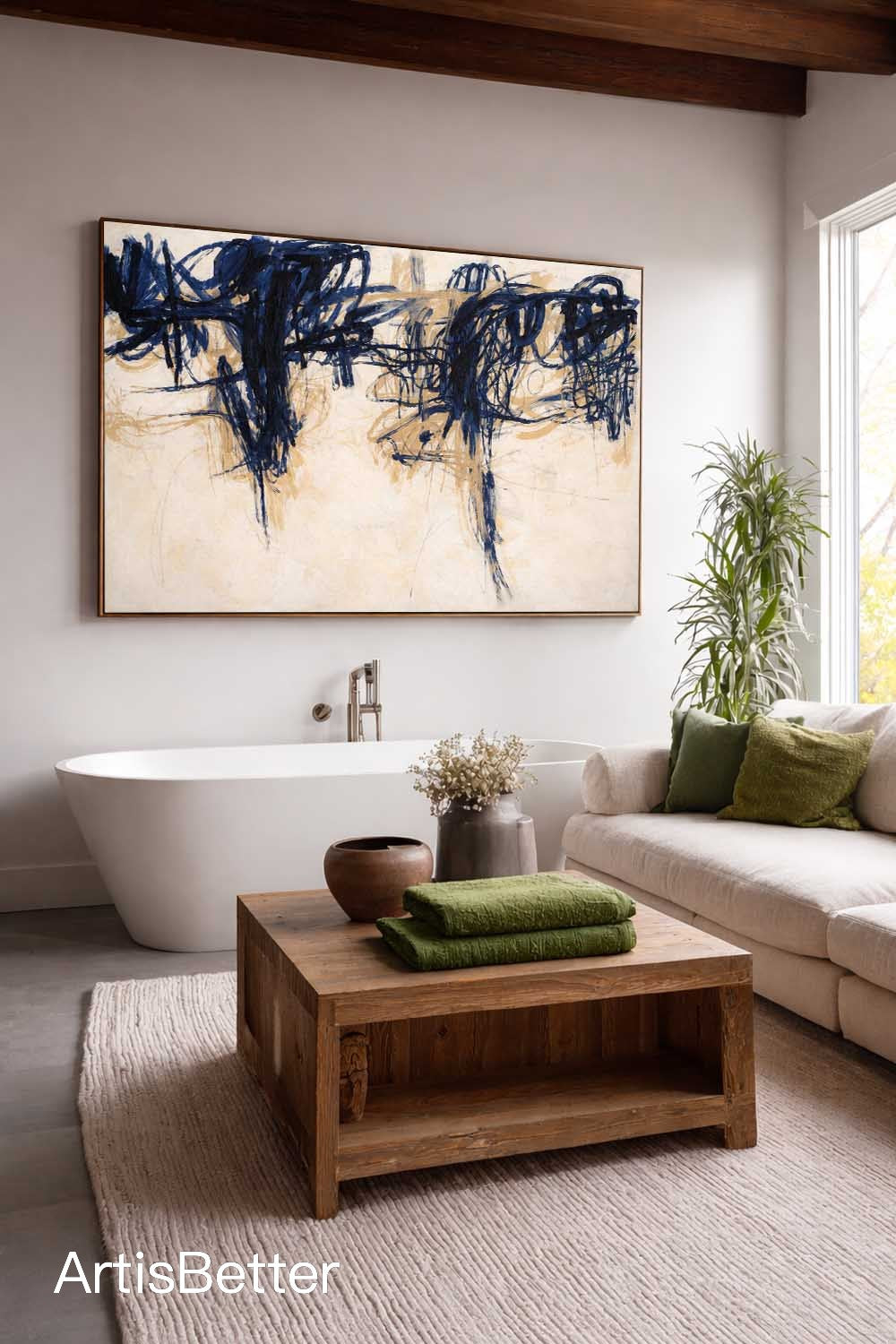 Minimalist Beige And Blue Horizontal Abstract Painting Handmade Beige Abstract Art Large Beige Wall Art For Living Room