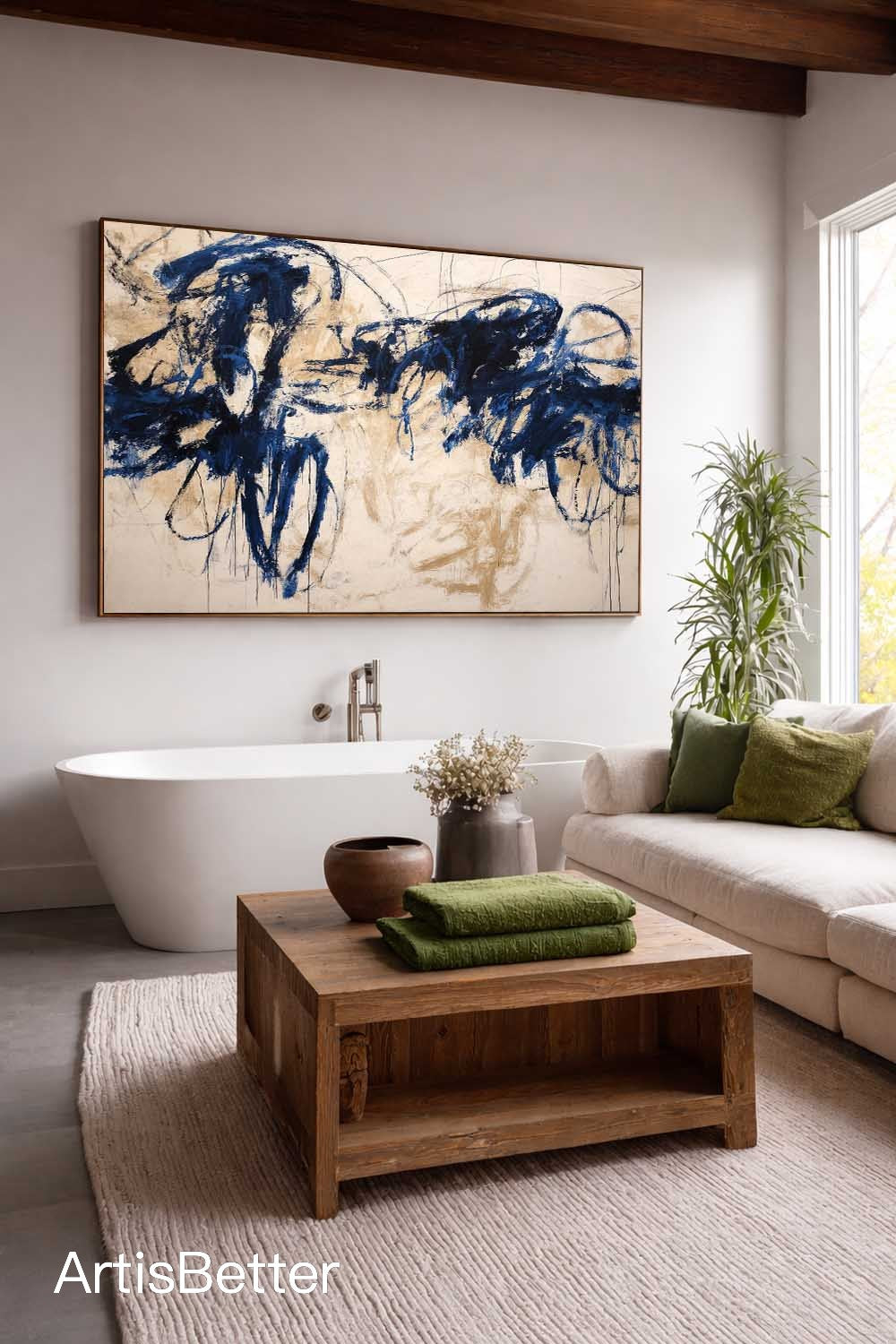 Horizontal Beige Abstract Line Art Painting Minimalist Horizontal Beige Abstract Line Painting Large Blue Line Wall Art