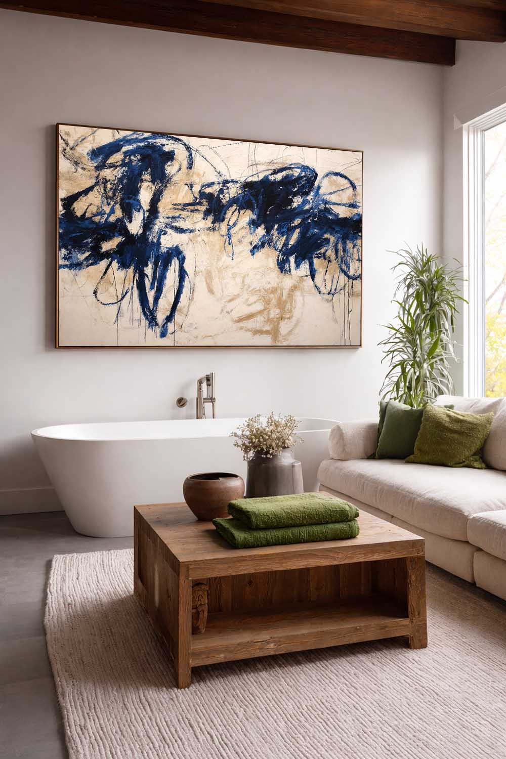 Horizontal Beige Abstract Line Art Painting Minimalist Horizontal Beige Abstract Line Painting Large Blue Line Wall Art
