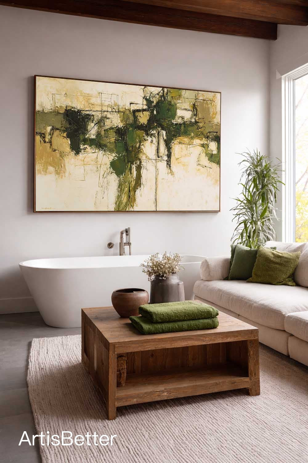 Horizontal Olive Green Abstract Painting Large Horizontal Green And Beige Abstract Art Contemporary Textured Wall Decor