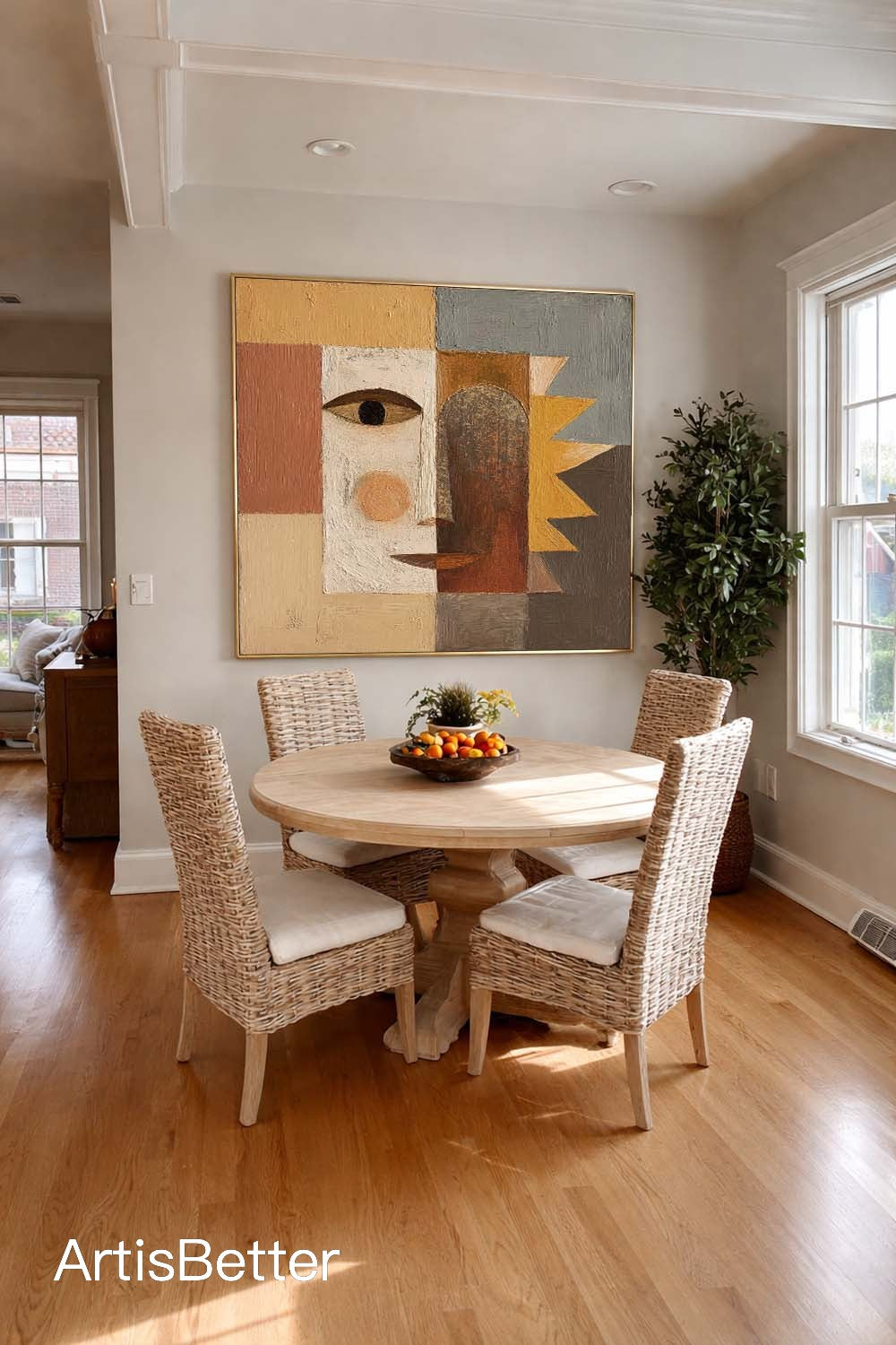 Contemporary Brown And Cream Geometric Portrait Painting Handmade Brown And Beige Geometric Abstract Painting