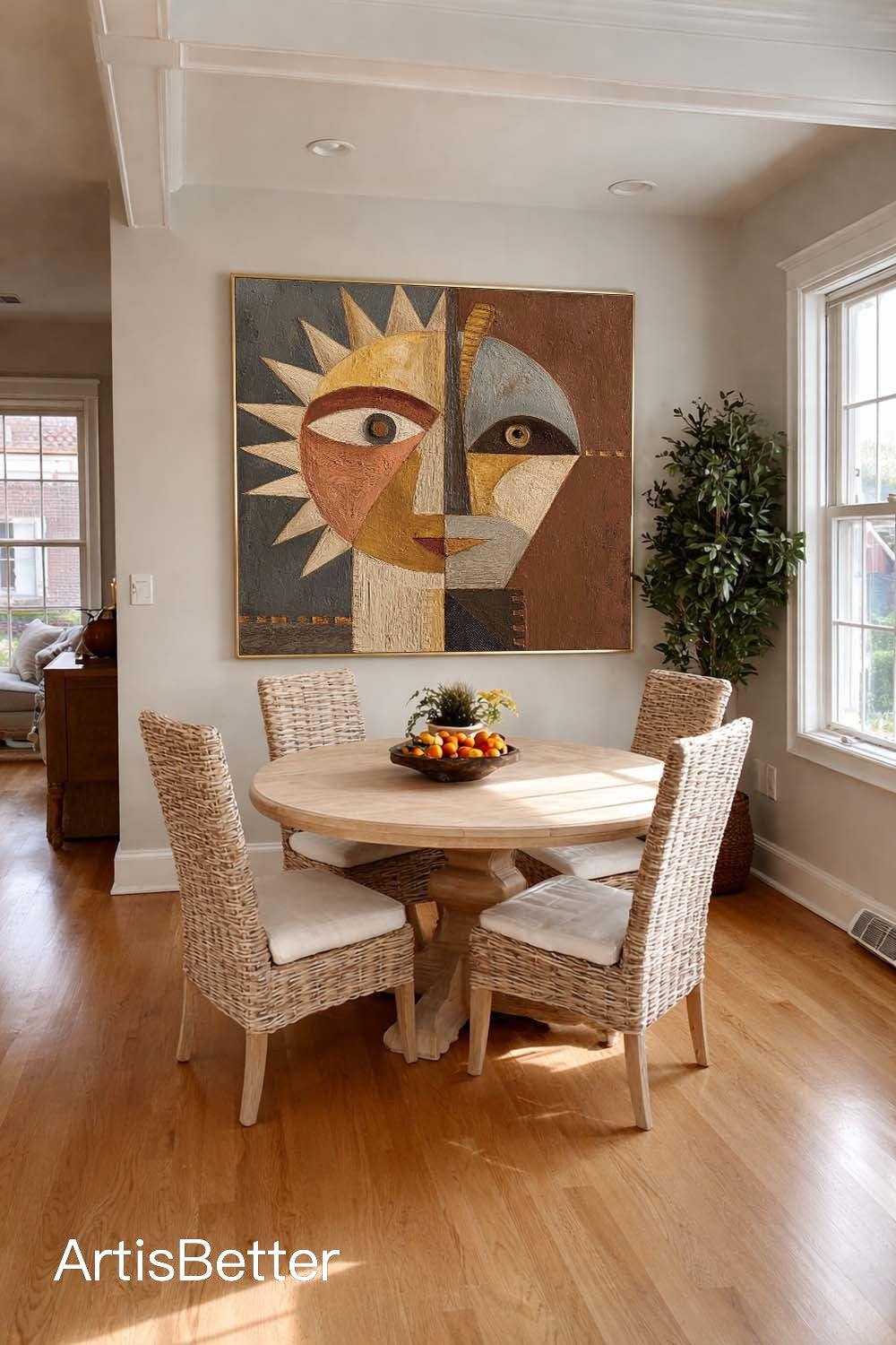 Handmade Textured Abstract Portrait Oil Painting Neutral Brown Canvas Artwork Large Textured Geometric Sun Face Art