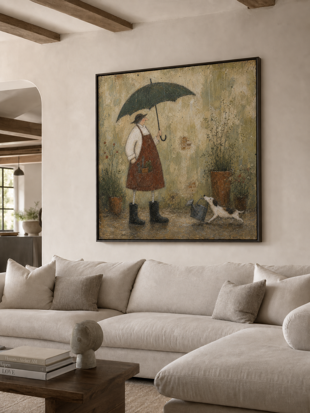Vintage Gardener With Dog Painting In Earthy Tones For Cozy Home Decor