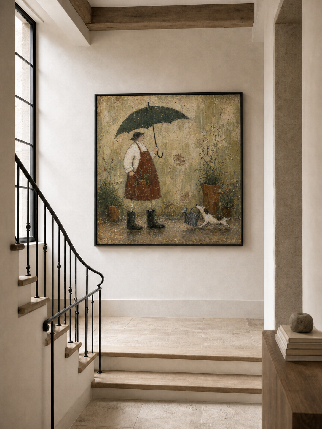 Vintage Gardener With Dog Painting In Earthy Tones For Cozy Home Decor