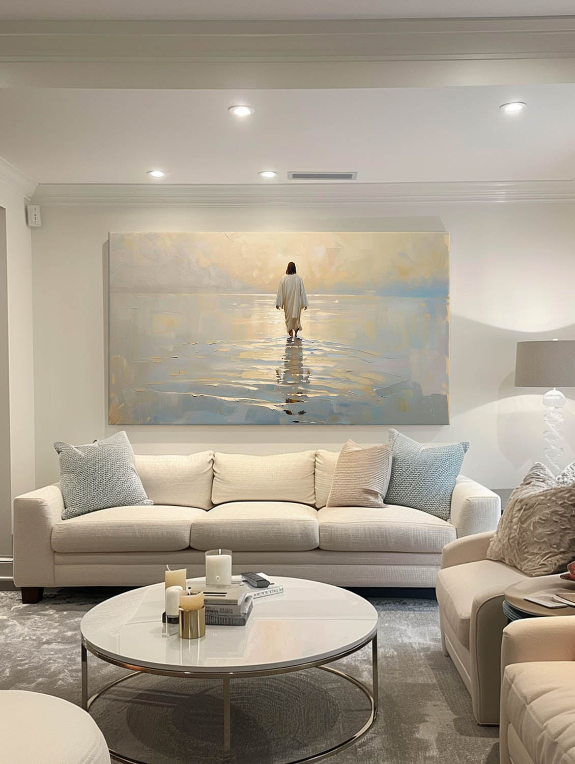 Large Neutral Toned Jesus Walking On Water Painting Pure Hand Drawn Acrylic Painting Of Jesus Original Beige Jesus Wall Art