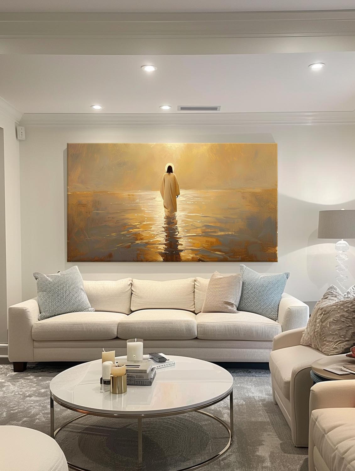 Original Painting Of Jesus On Sea Large Abstract Jesus Walking On Beach Neutral Beige And Gold Jesus Oil Painting