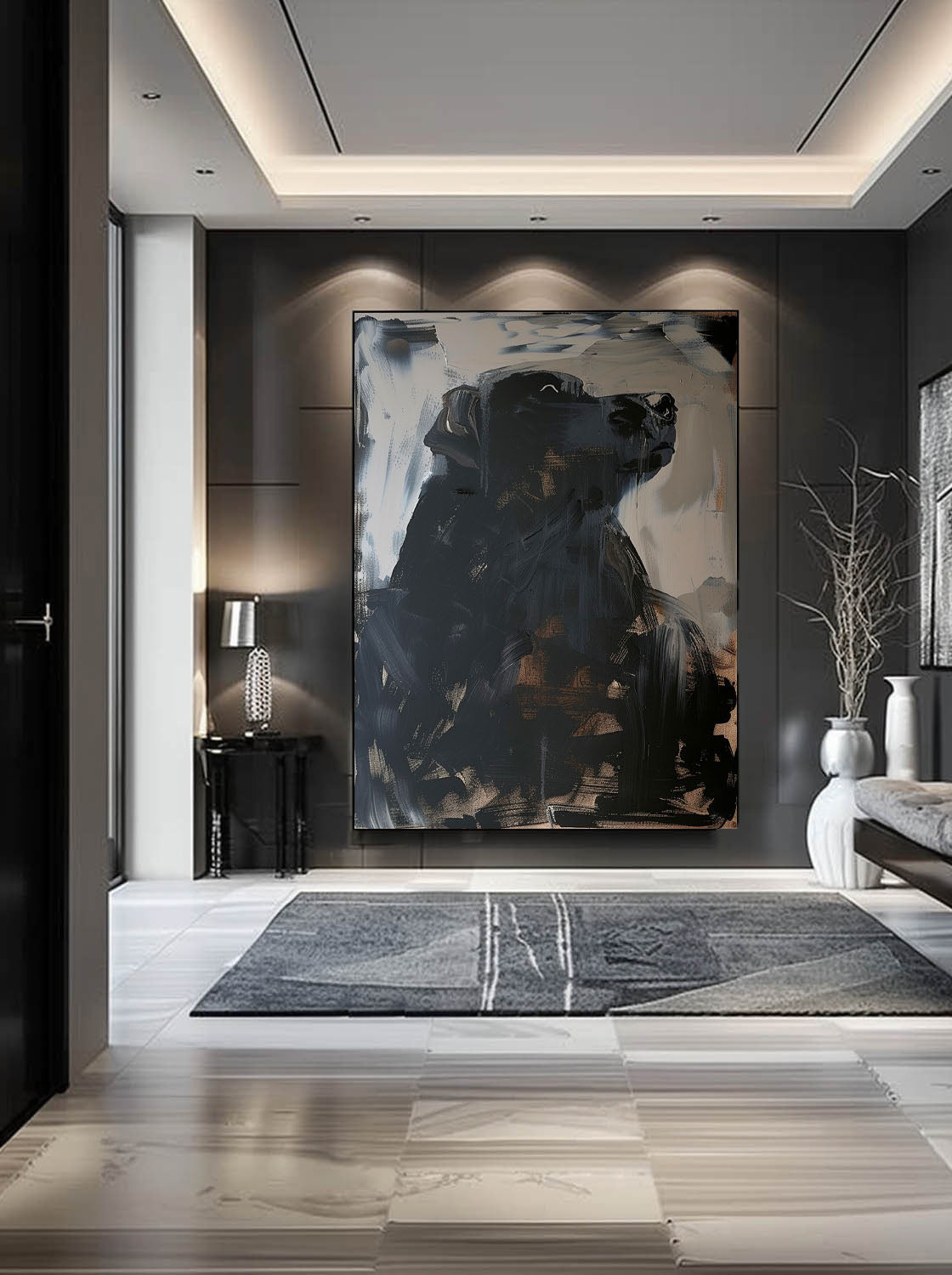 Vintage Black Dog Oil Painting on Canvas Large Abstract Black Dog Canvas Art Vintage Black Dog Acrylic Painting