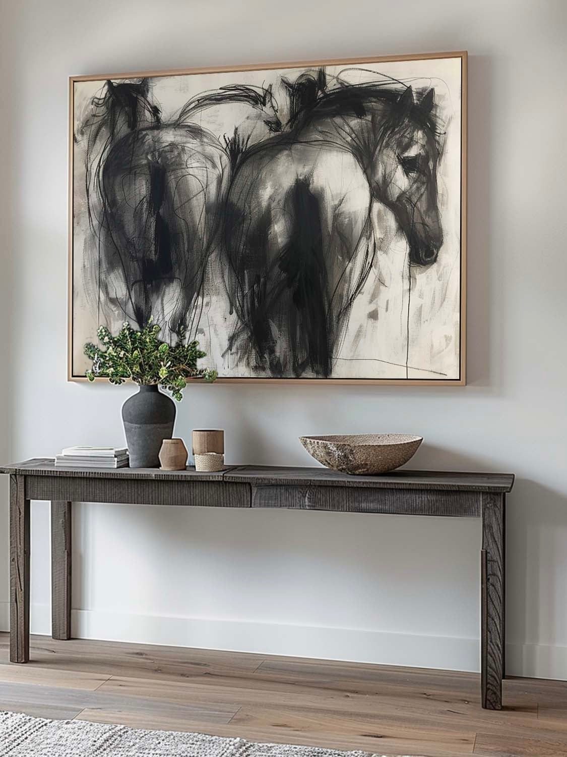 Vintage Black Horse Acrylic Painting Large Original Abstract Canvas Art Neutral Abstract Horse Acrylic Art