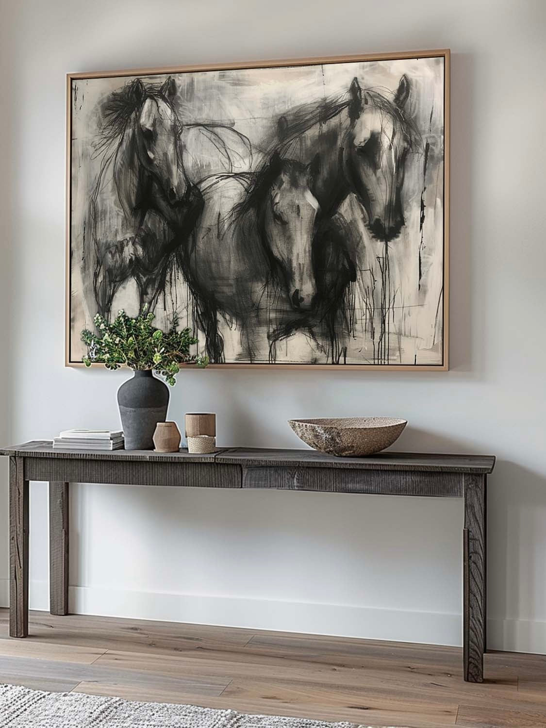 Vintage Black Horse Abstract Canvas Art Original Minimalist Horse Artwork Large Abstract Horse Canvas Art