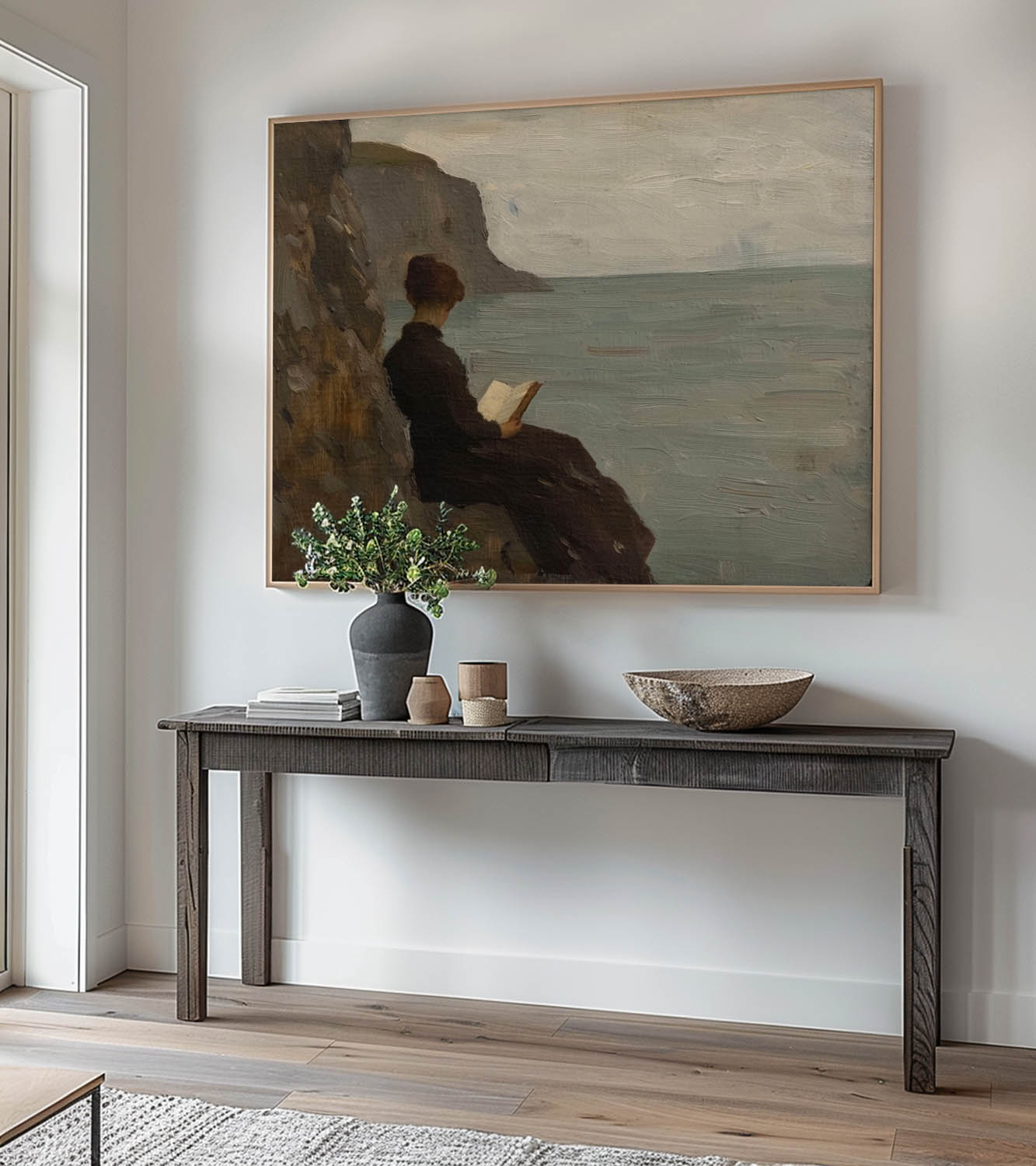 Original Moody Dark Seaside Beach Art Coastal Wall Reading Book Decor Woman Reading In The Beach Wall Art