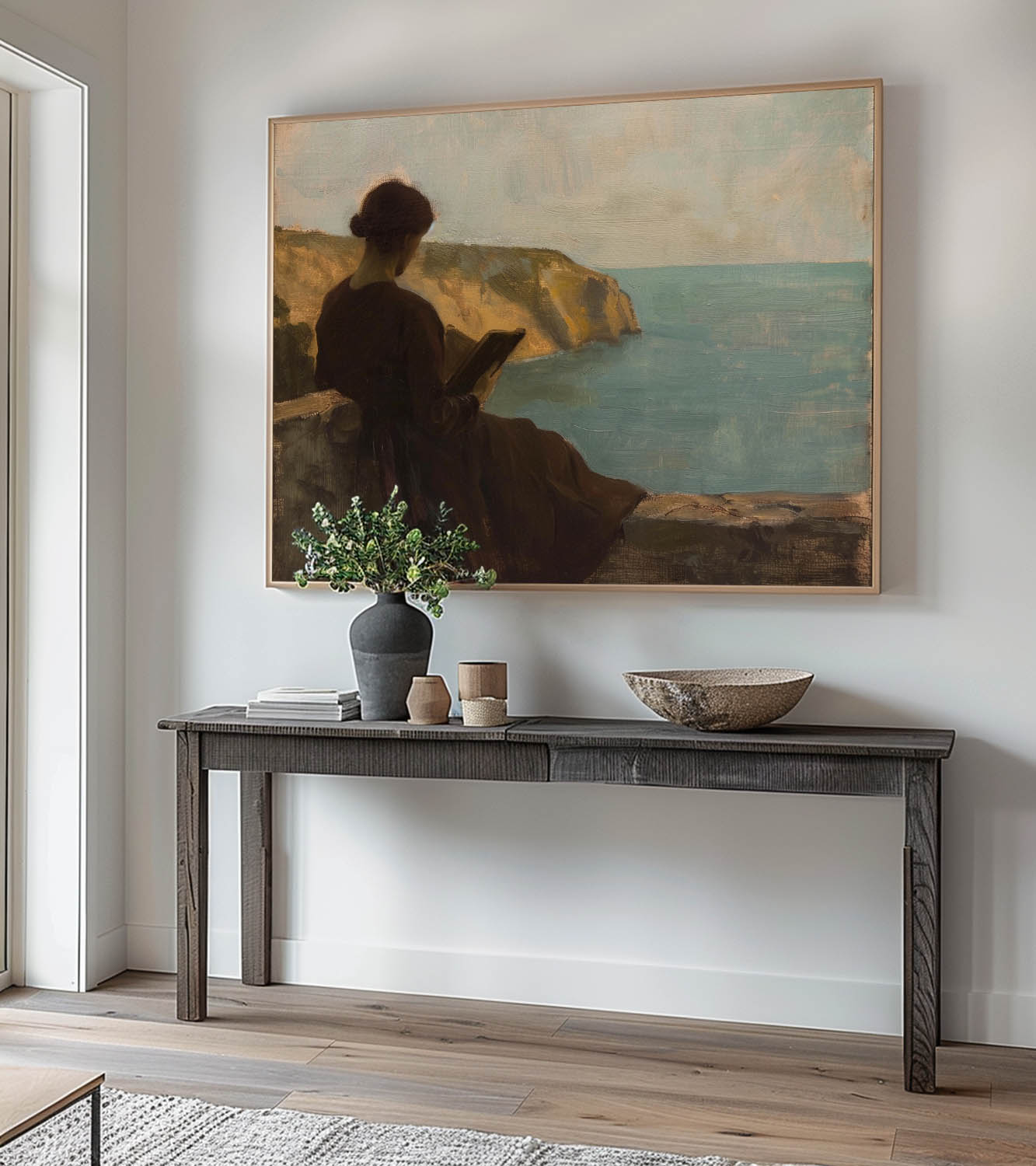 Original Woman Reading Oil Painting Woman Reading At The Sea Wall Art Moody Reading Book Wall Art