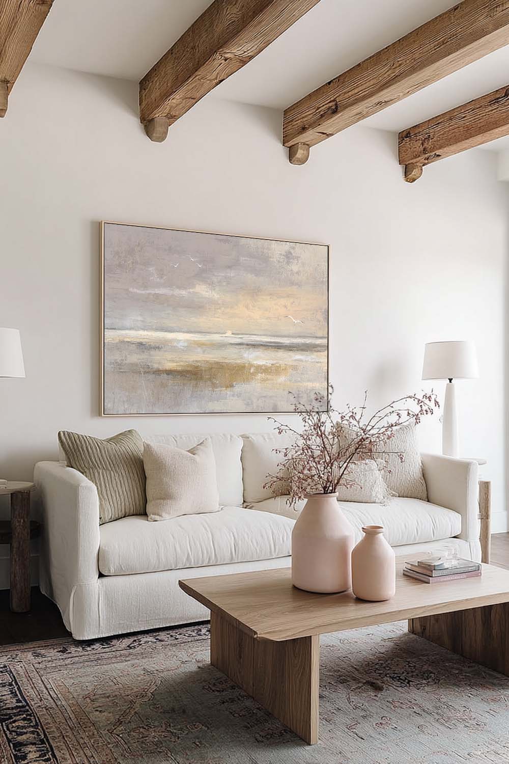 Large Textured Coastal Wall Art Minimalist Beige And Taupe Ocean Artwork Wabi Sabi Abstract Shoreline Canvas With Birds