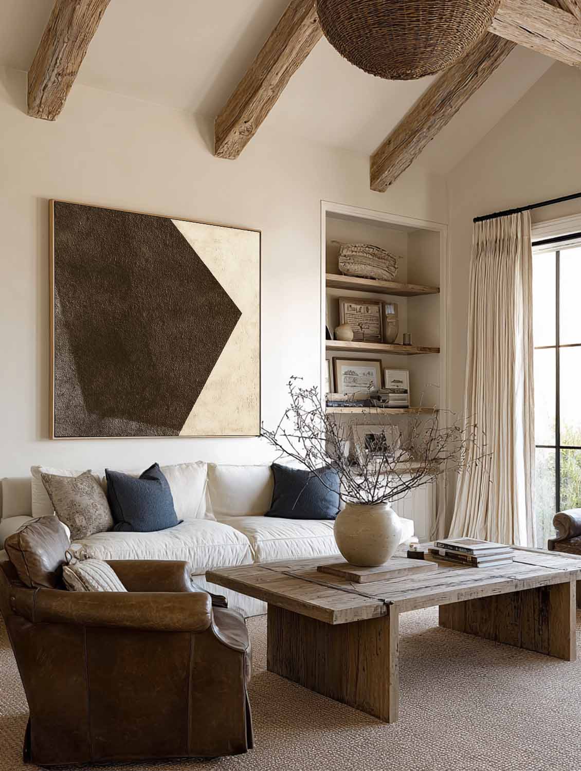 Large Brown And White Geometric Oil Painting Minimalist Brown Oil Painting On Canvas Neutral Brown Canvas Wall Art