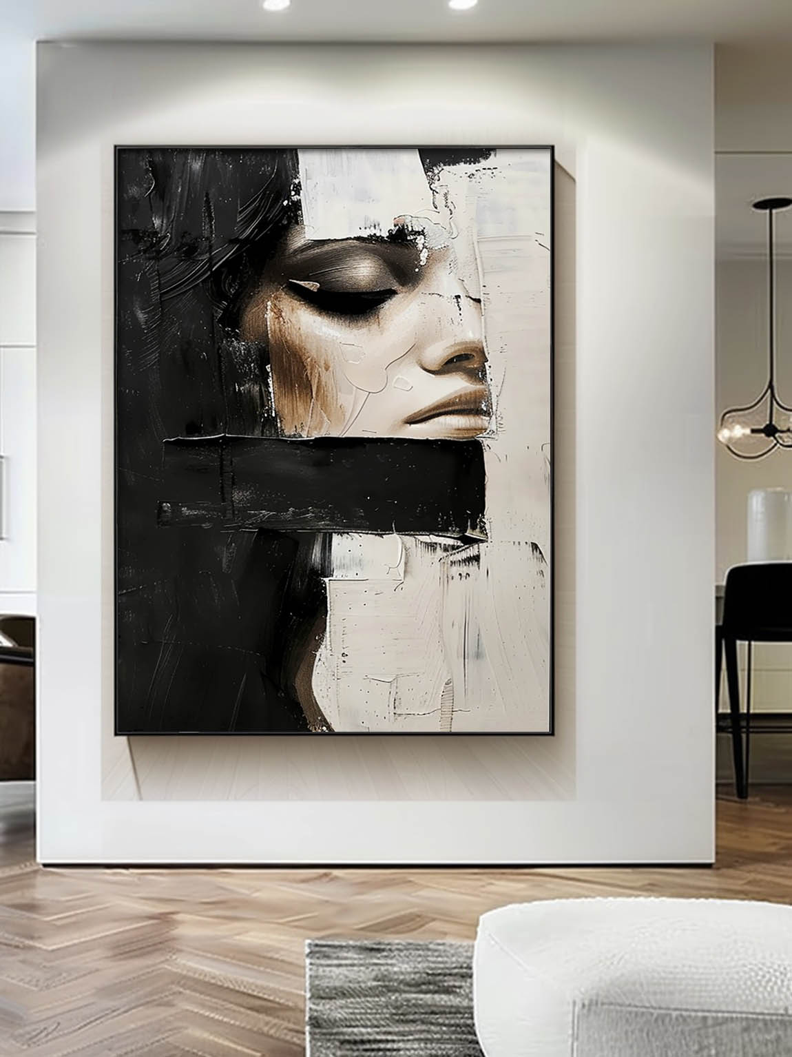 Vintage Abstract Lady Painting Black And Beige Woman Painting Decor Original Woman Face Canvas Art Faceless Painting Art