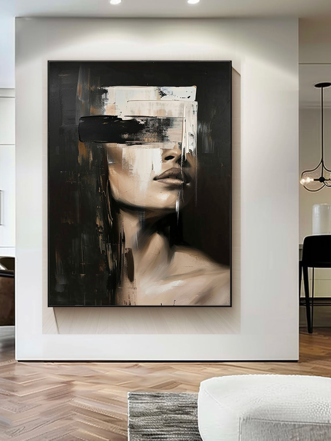 Retro Neutral Female Portrait Oil Painting Vintage Textured Canvas Art Minimalist Female Portrait Decor