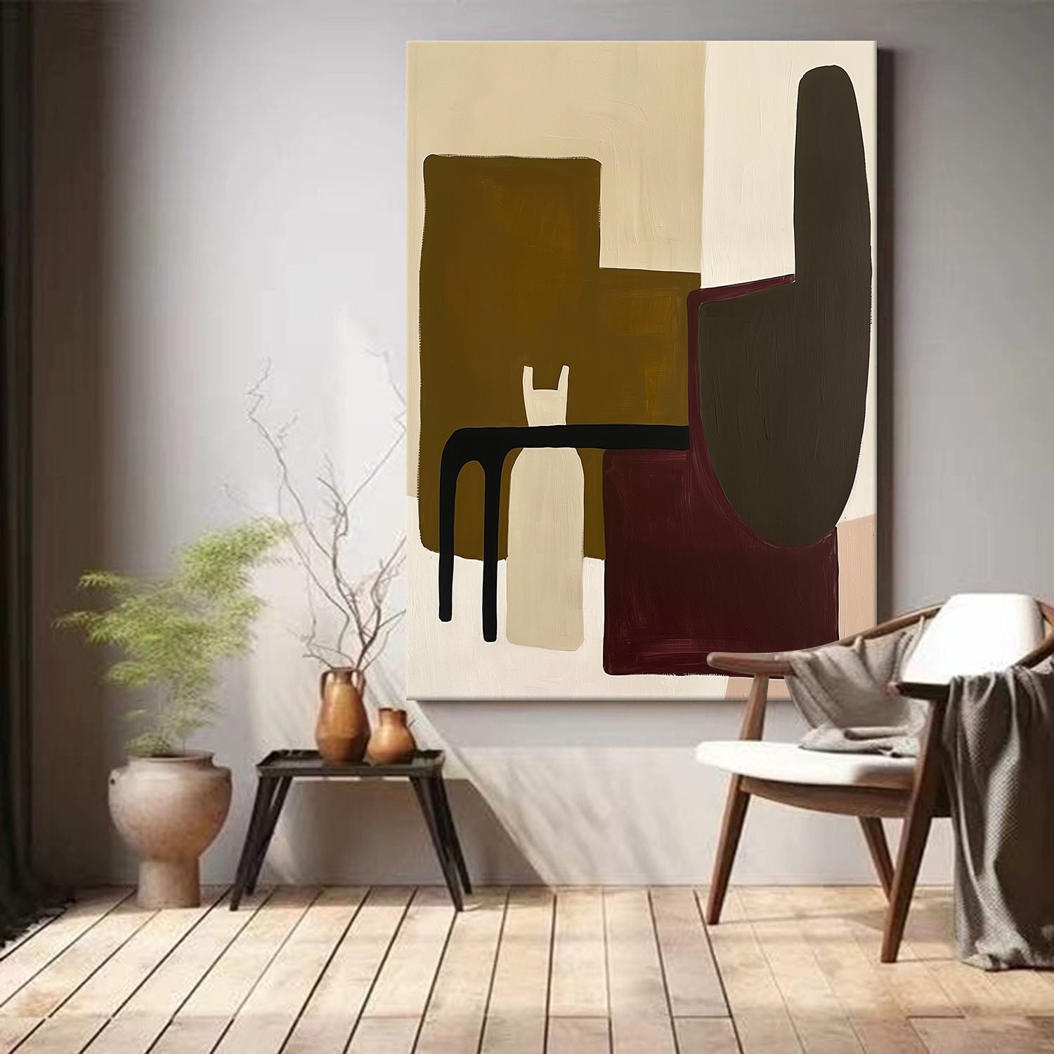 Original Mid-Century Wall Art Large Vintage Brown Texture Painting Minimalist Dark Texture Painting