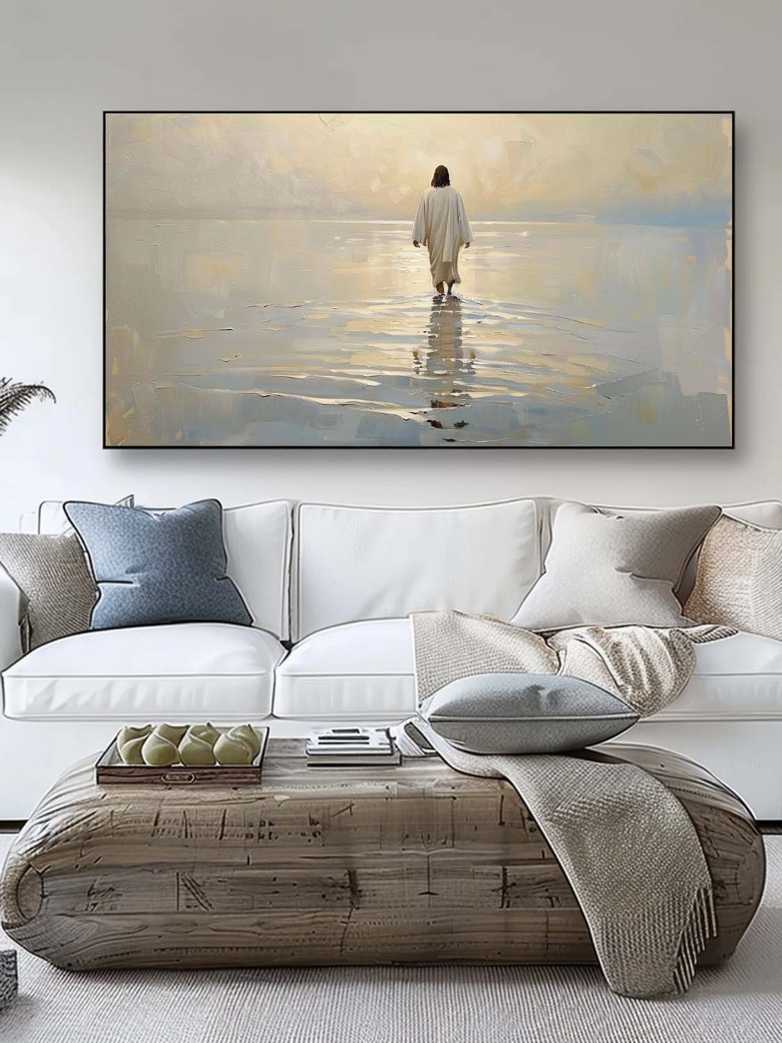 Large Neutral Toned Jesus Walking On Water Painting Pure Hand Drawn Acrylic Painting Of Jesus Original Beige Jesus Wall Art