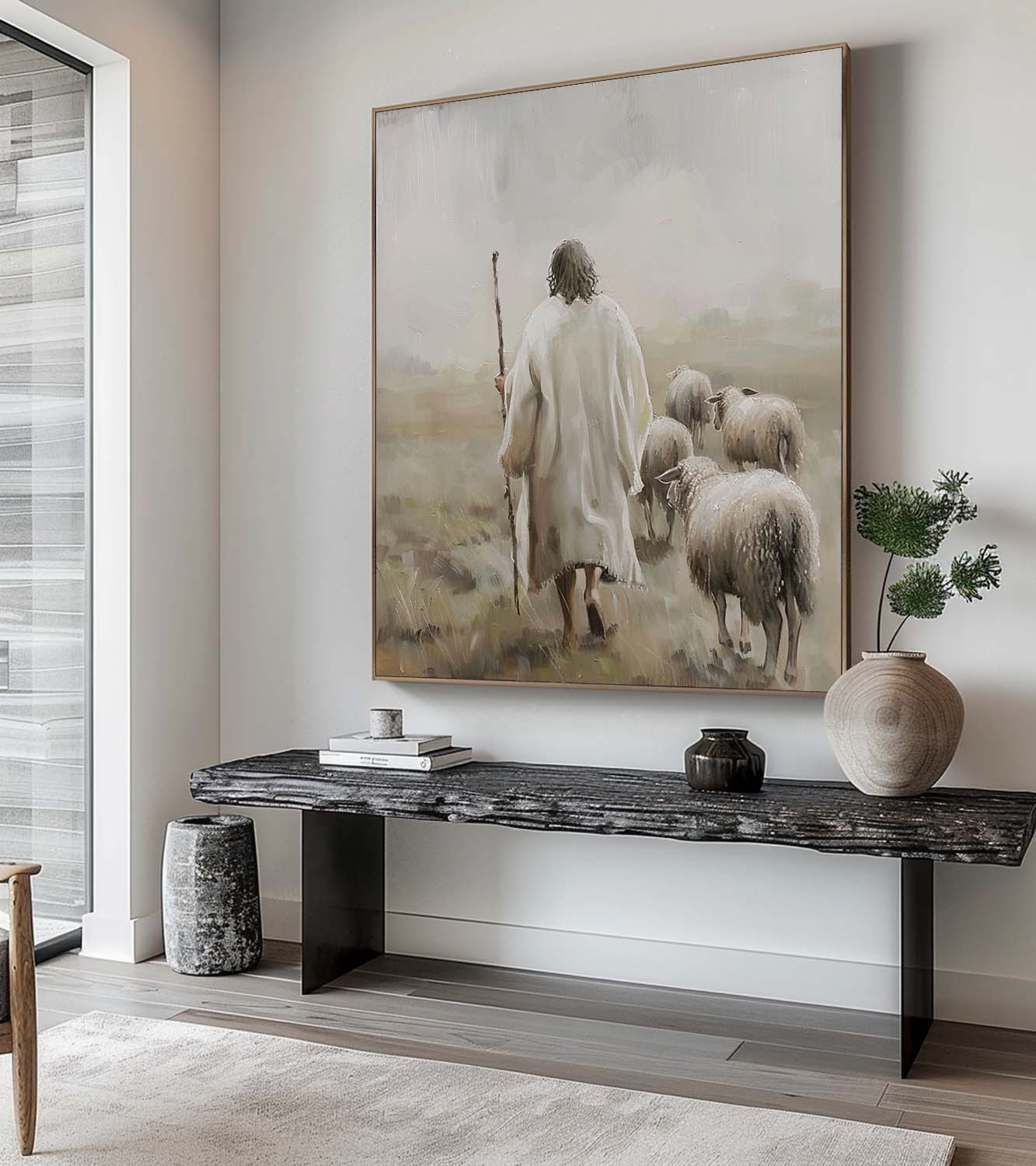 Jesus Christ Shepherd Oil Painting Original Jesus Shepherd Wall Art Neutral Tone Jesus Acrylic Painting