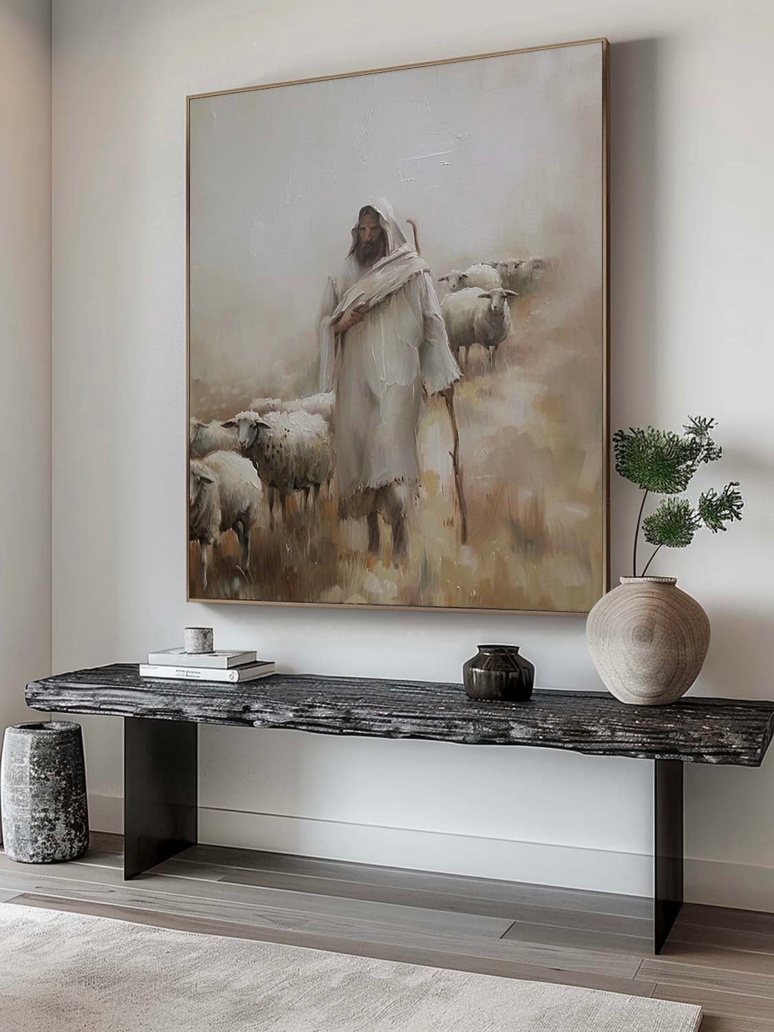 Minimalist Christian Canvas Art Jesus Christ The Shepherd Wall Art Hand Drawn Neutral Tone Jesus Oil Painting