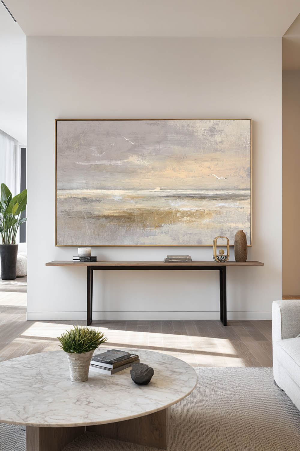 Large Textured Coastal Wall Art Minimalist Beige And Taupe Ocean Artwork Wabi Sabi Abstract Shoreline Canvas With Birds
