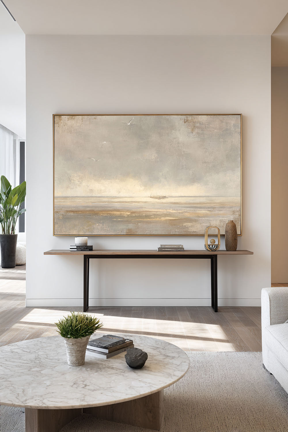 Large Wabi Sabi Ocean Wall Art Original Neutral Seascape Painting With Distant Boat Beige And Taupe Abstract Ocean Scene