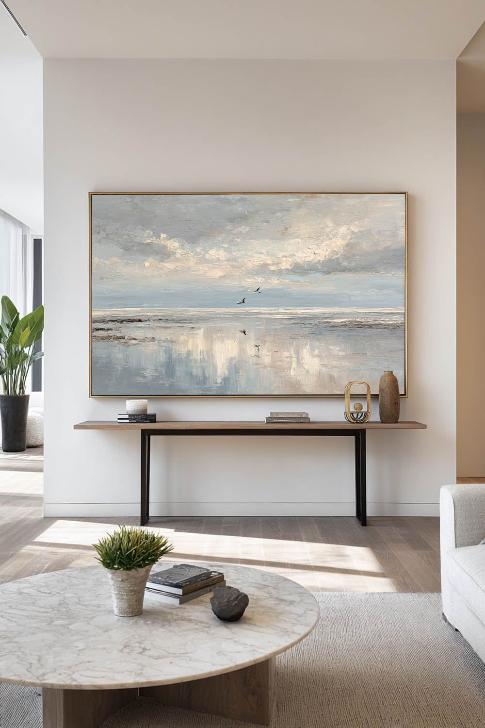 Original Beige And Blue Seascape Oil Painting Large Minimalist Seascape Wall Art Handmade Textured Blue Beach Painting