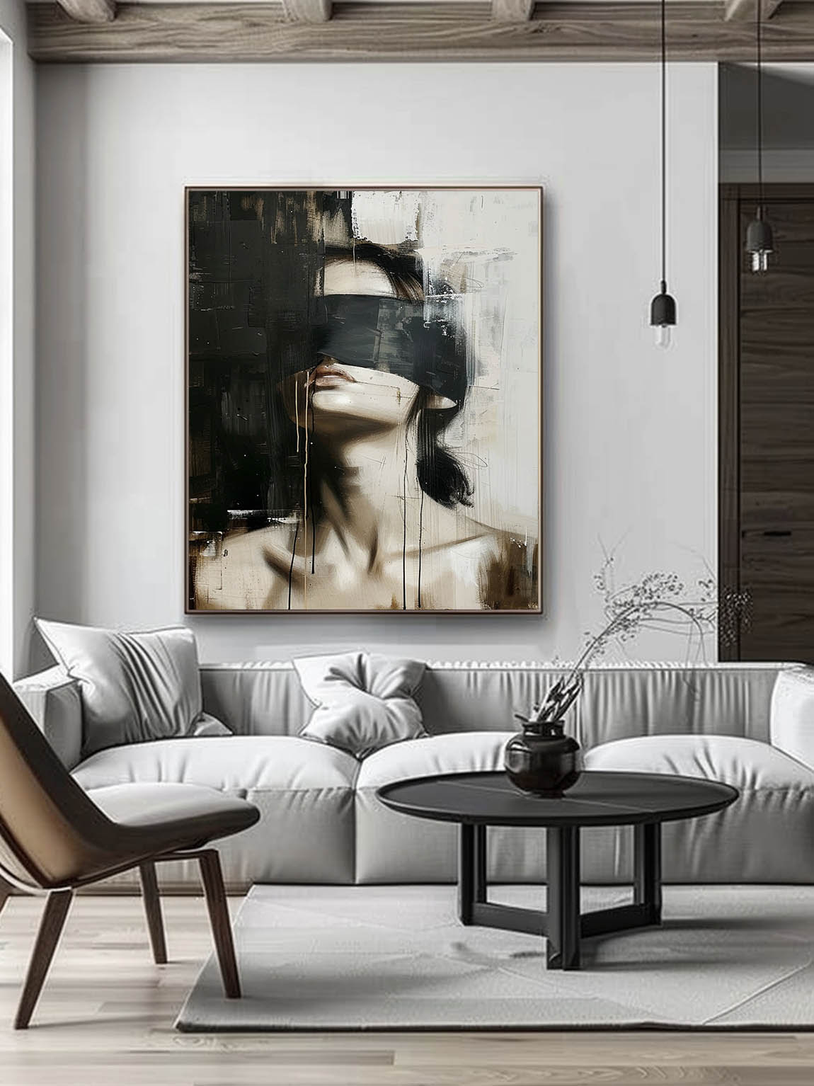 Large Faceless Portrait Wall Art Vintage Woman Portrait Oil Painting Large Black And Beige Abstract Painting