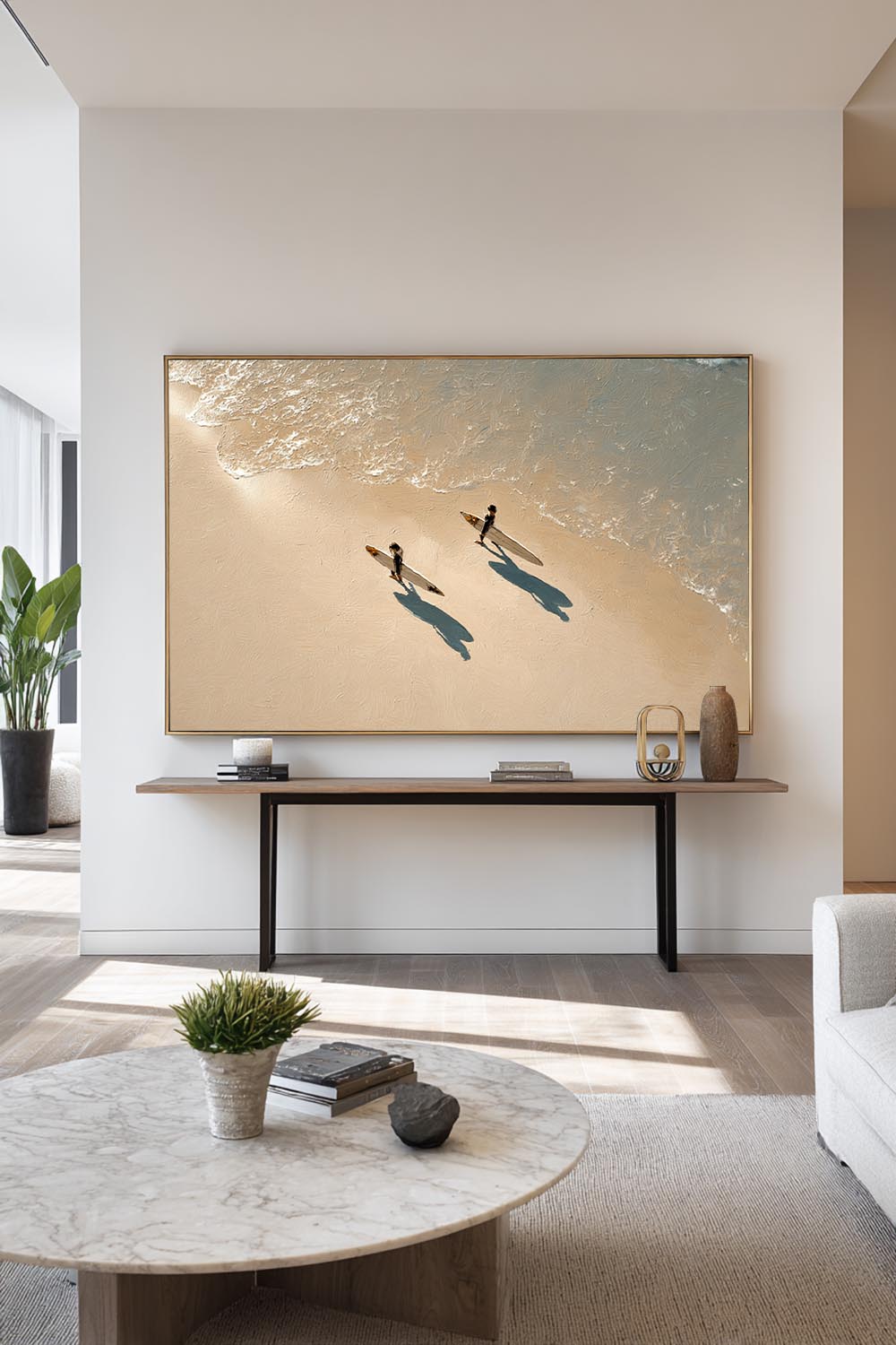 Handmade Blue and Beige Textured Oil Painting Contemporary Beach Scene Artwork Large Textured Seascape Wall Art