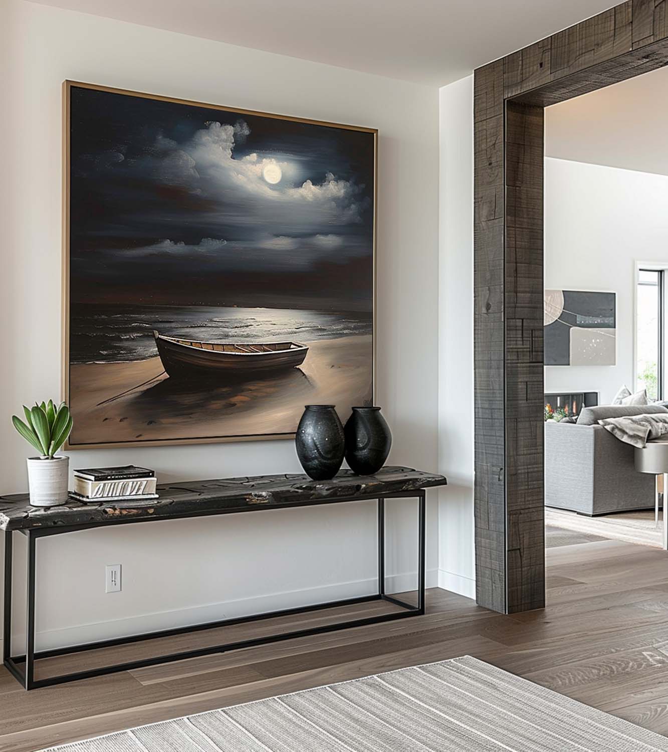 Moonlight Ocean Retro Painting Hand Drawn Night Ocean Wall Art Large Sea Moon Ship Oil Painting