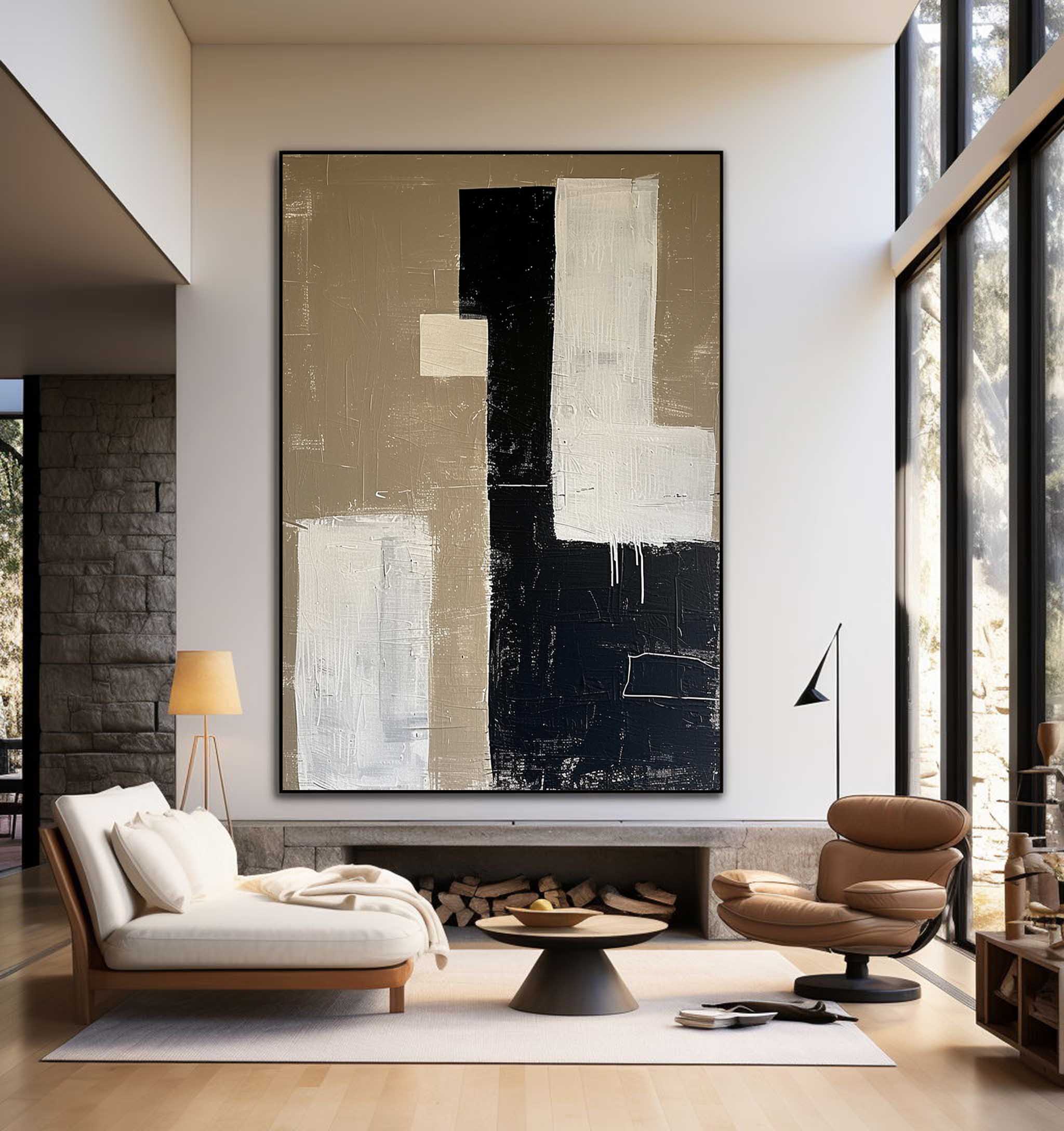 Large Beige Canvas Painting Neutral Beige Minimalist Wall Art Black Beige Texture Wall Art