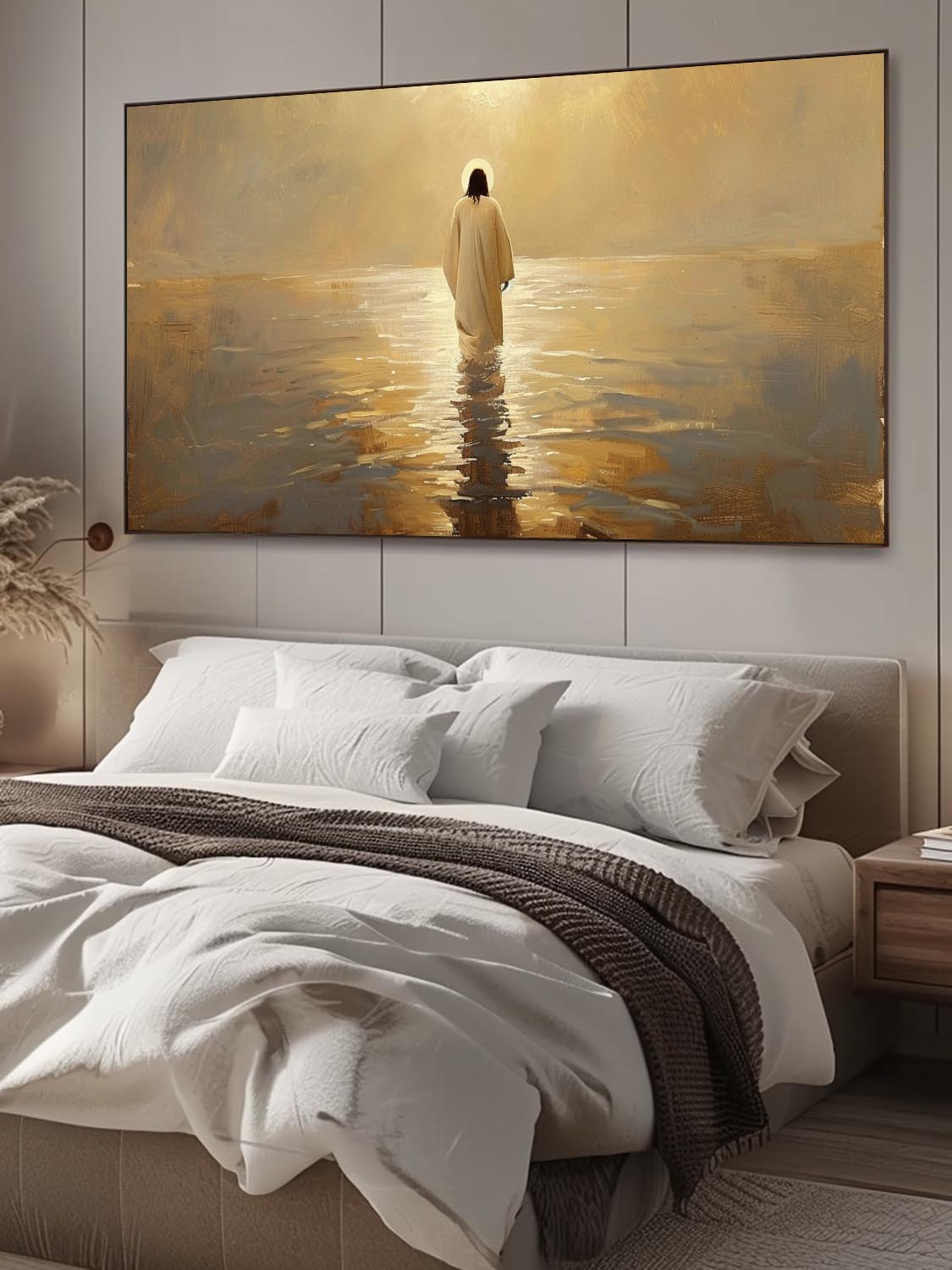 Original Painting Of Jesus On Sea Large Abstract Jesus Walking On Beach Neutral Beige And Gold Jesus Oil Painting