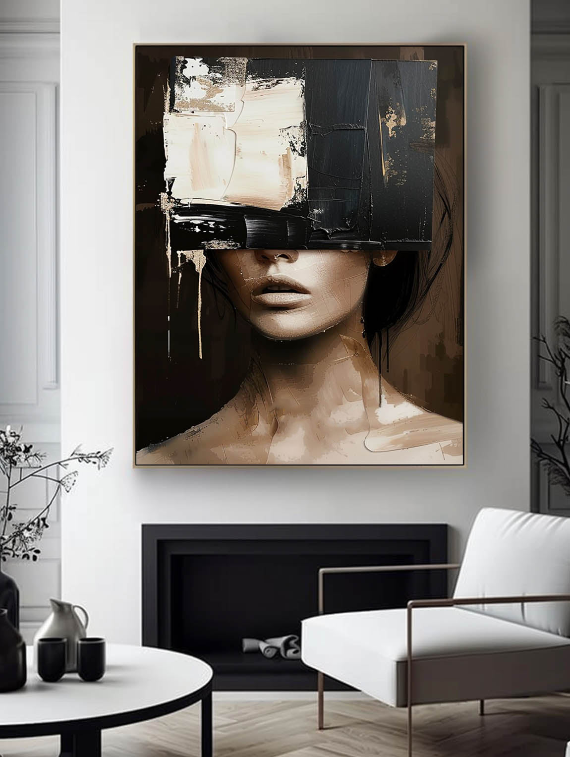 Vintage Black Beige Female Portrait Retro Neutral Female Portrait On Canvas Large Abstract Female Portrait Canvas Art