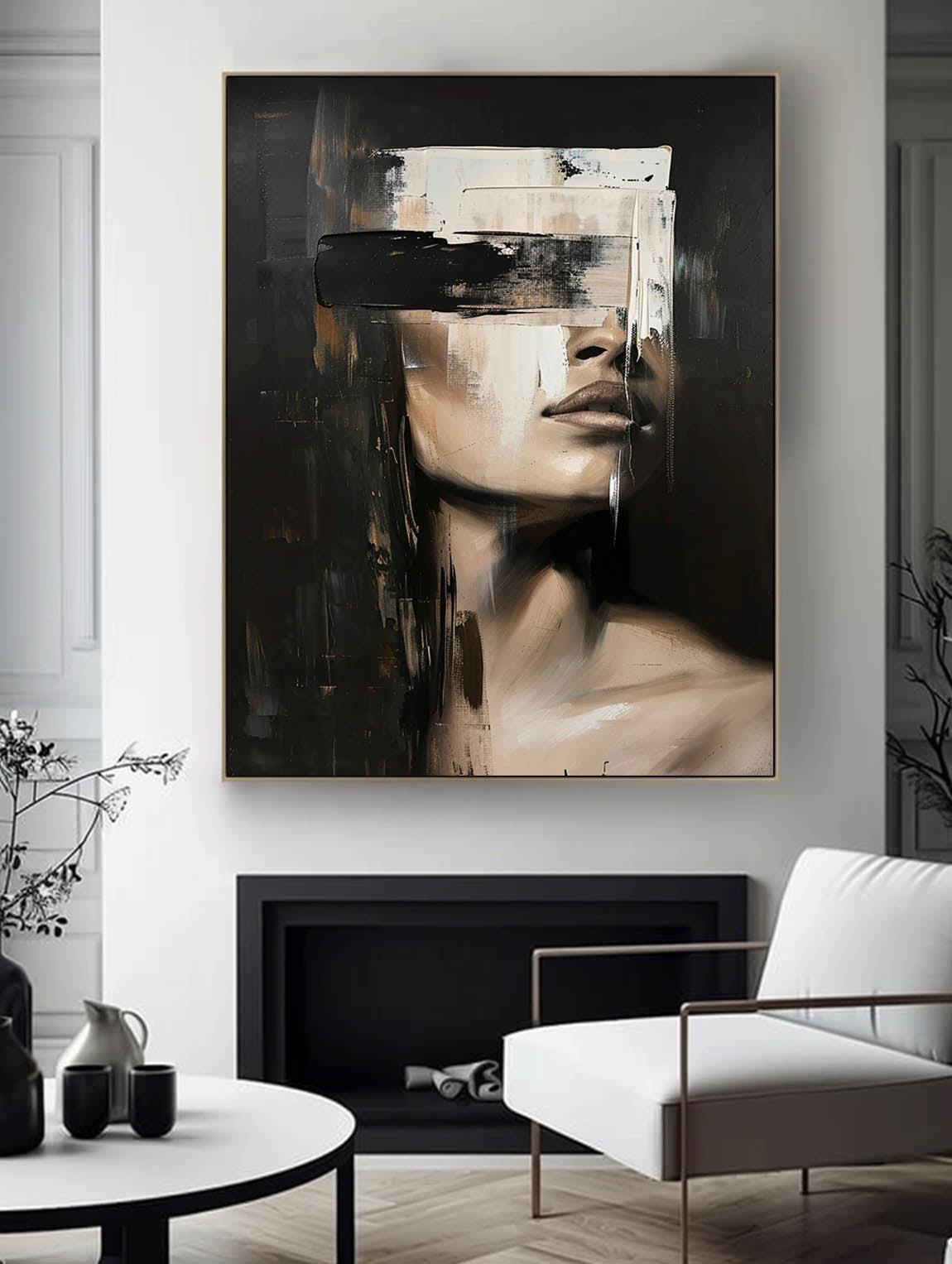 Retro Neutral Female Portrait Oil Painting Vintage Textured Canvas Art Minimalist Female Portrait Decor