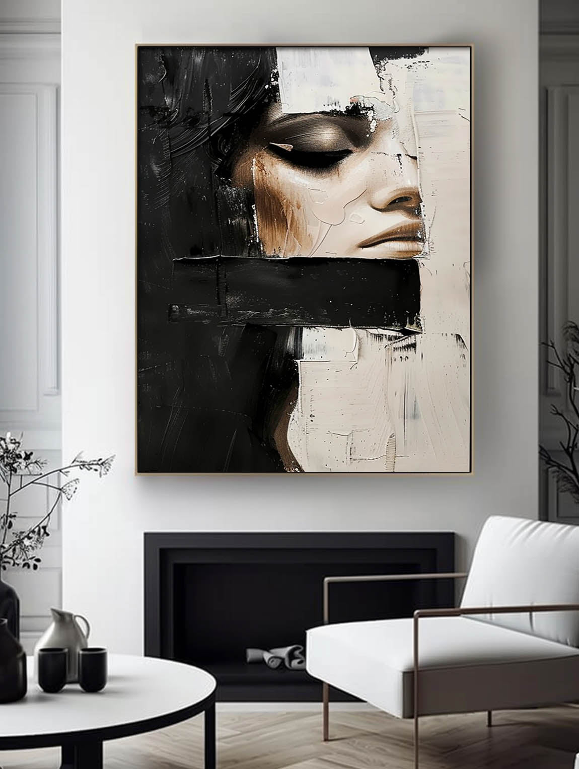 Vintage Abstract Lady Painting Black And Beige Woman Painting Decor Original Woman Face Canvas Art Faceless Painting Art