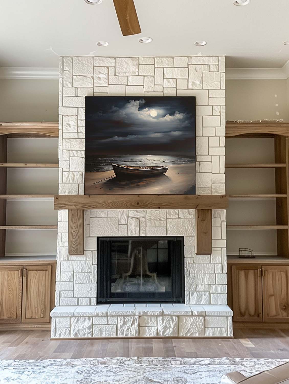 Moonlight Ocean Retro Painting Hand Drawn Night Ocean Wall Art Large Sea Moon Ship Oil Painting