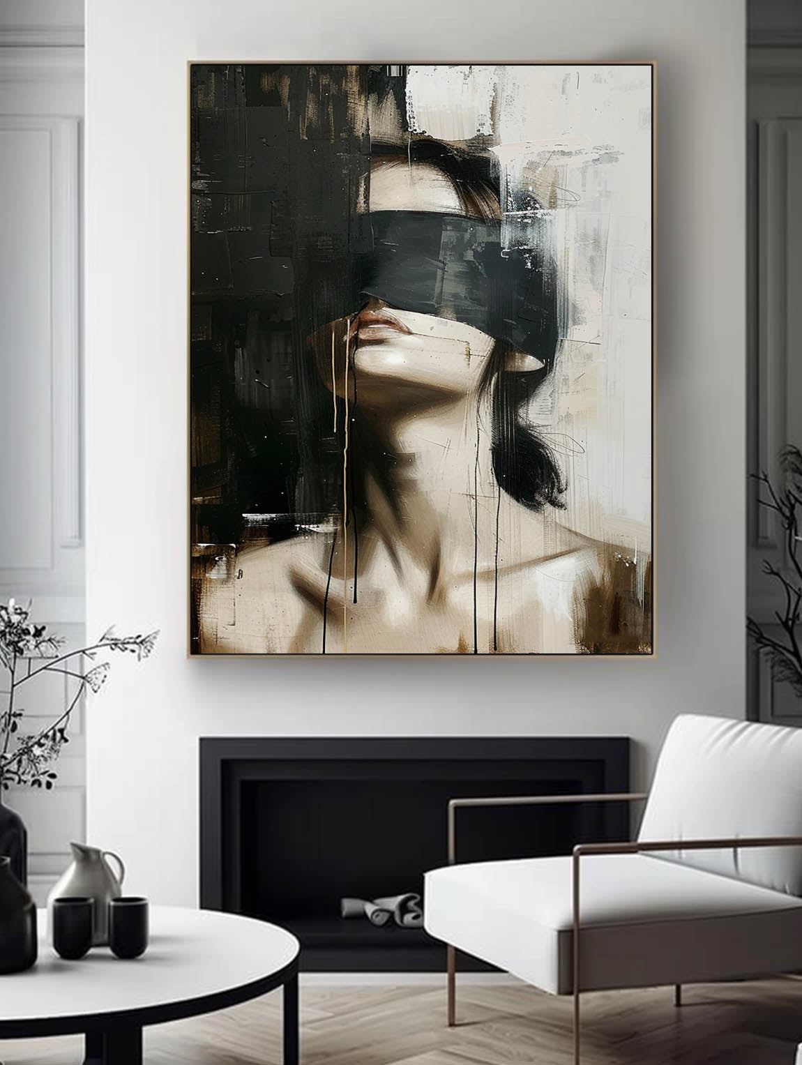 Large Faceless Portrait Wall Art Vintage Woman Portrait Oil Painting Large Black And Beige Abstract Painting