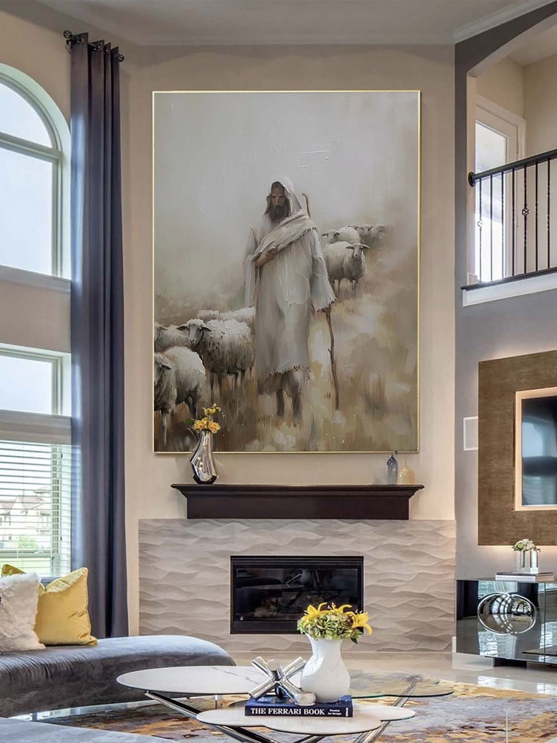 Minimalist Christian Canvas Art Jesus Christ The Shepherd Wall Art Hand Drawn Neutral Tone Jesus Oil Painting