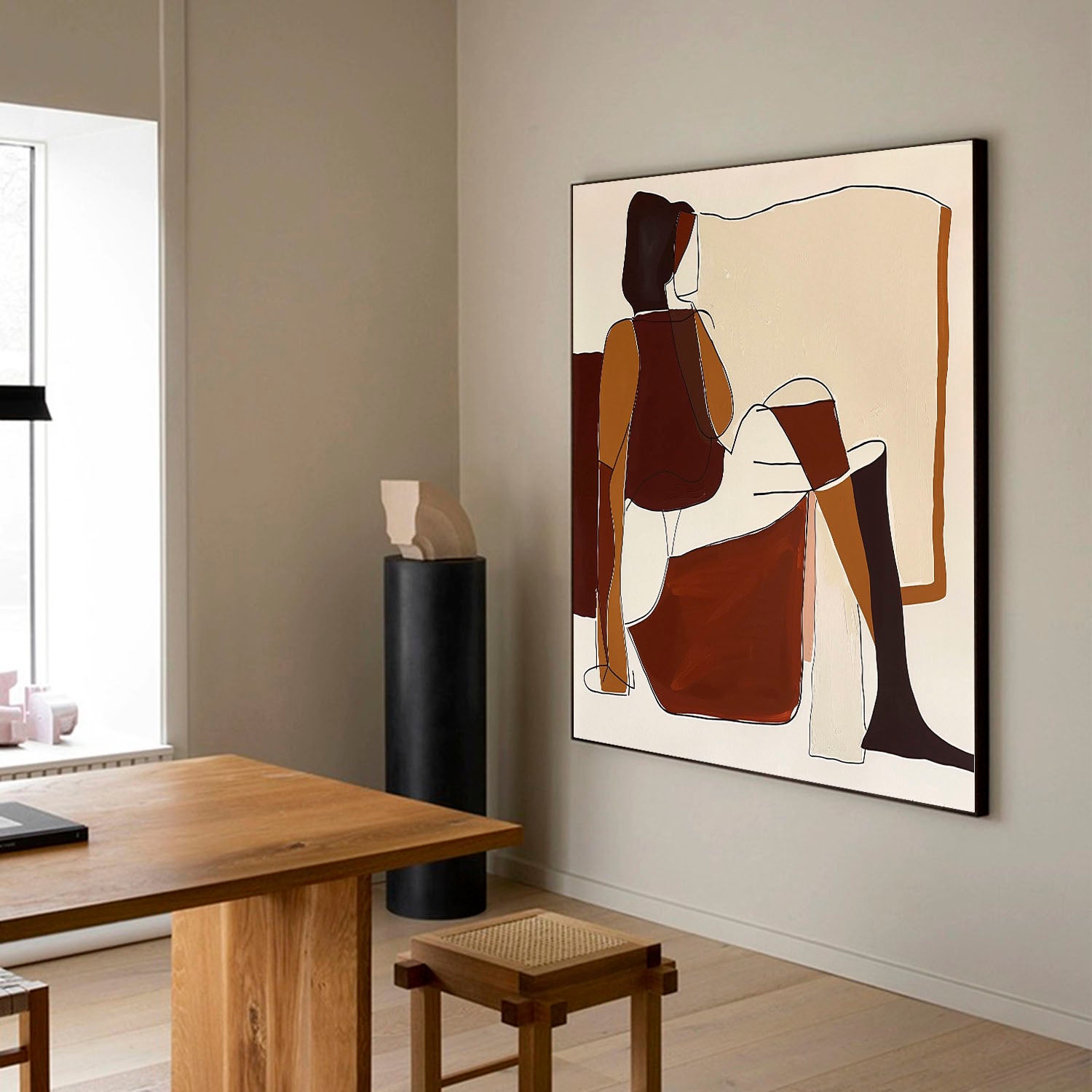 Minimalist Abstract Painting Of Sitting Woman Mid Century Wall Artwork Colorful Woman Face Painting