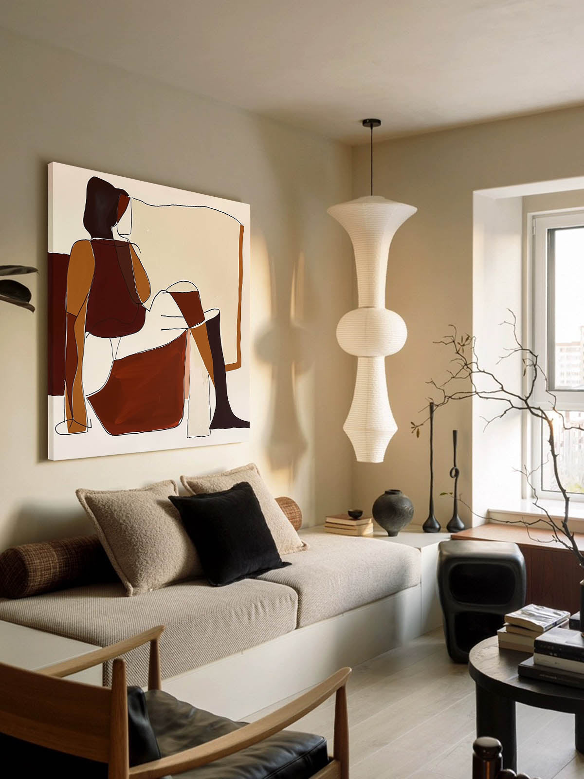 Minimalist Abstract Painting Of Sitting Woman Mid Century Wall Artwork Colorful Woman Face Painting