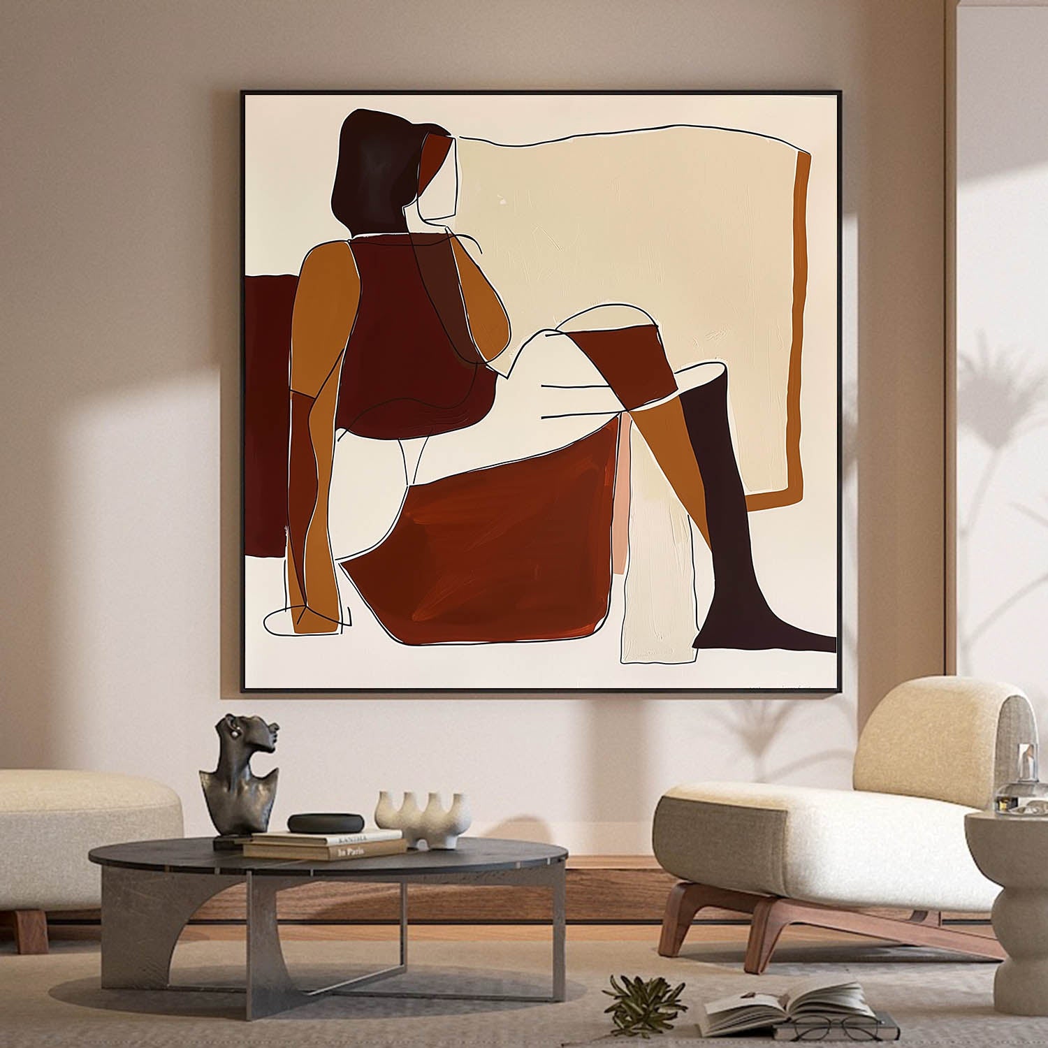 Minimalist Abstract Painting Of Sitting Woman Mid Century Wall Artwork Colorful Woman Face Painting