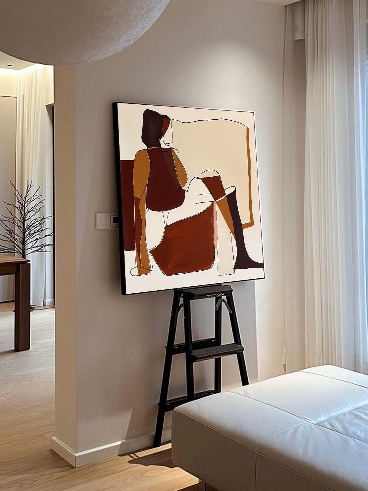 Minimalist Abstract Painting Of Sitting Woman Mid Century Wall Artwork Colorful Woman Face Painting