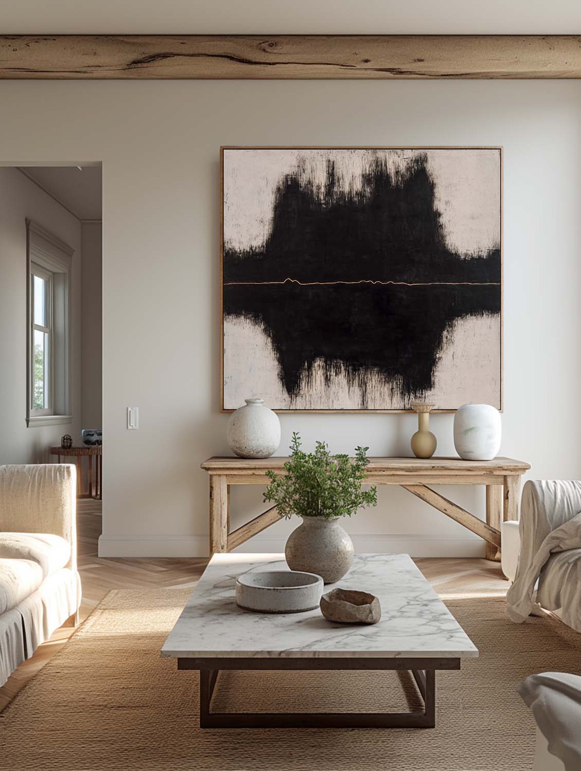 Handmade Black Square Abstract Painting Square Black And Beige Abstract Painting Neutral Beige Textured Canvas Art