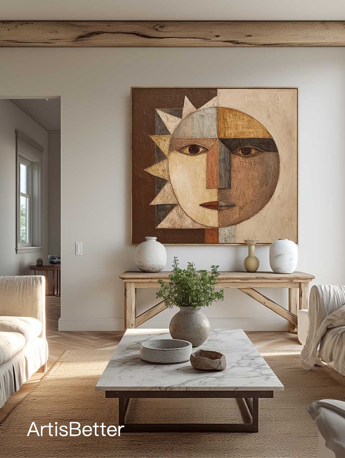 Large Textured Abstract Portrait Wall Art Minimalist Textured Geometric Abstract Artwork Brown Geometric Canvas Painting