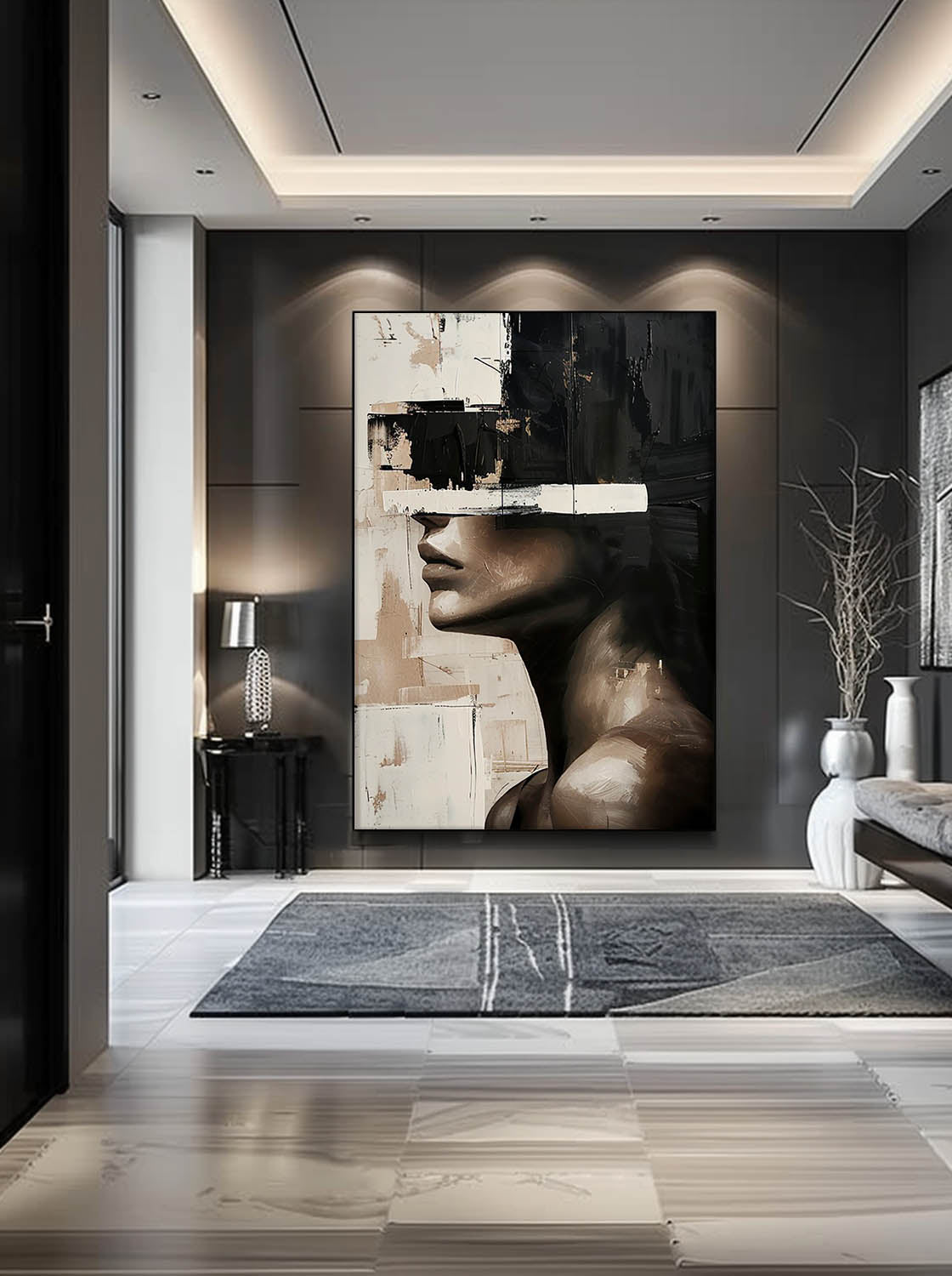 Original Retro Black And Beige Female Portrait Textured Painting Vintage Black And Beige Abstract Canvas Art