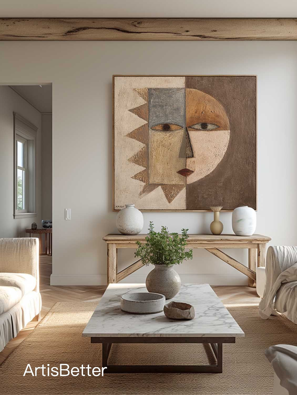 Neutral Textured Geometric Abstract Face Art Wabi Sabi Textured Abstract Portrait Painting Brown And Beige Canvas Painting