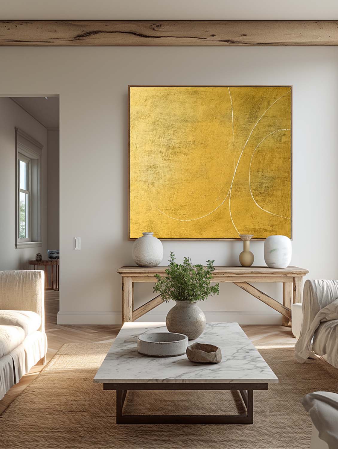 Large Yellow Abstract Line Painting On Canvas Original Yellow Abstract Oil Painting Modern Minimalist Wabi Sabi Wall Art